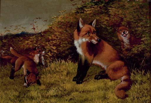 Sylvester Martin - Mother hound with her puppies; and Mother fox with her young