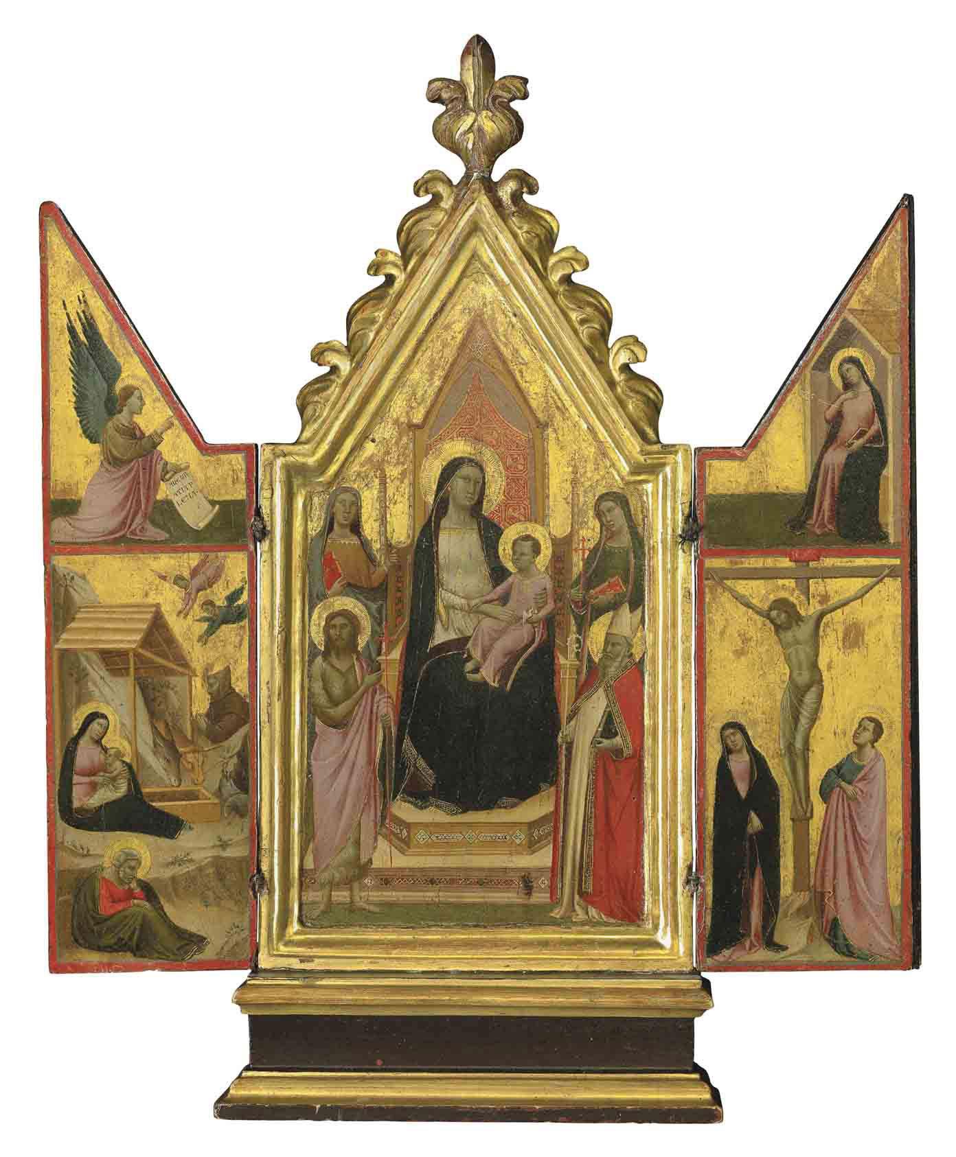 Taddeo Gaddi - A triptych: central panel: The Madonna and Child enthroned with Saints; wings: The Nativity with the Angel of the Annunciation; and The Crucifixion with Virgin Annunciate