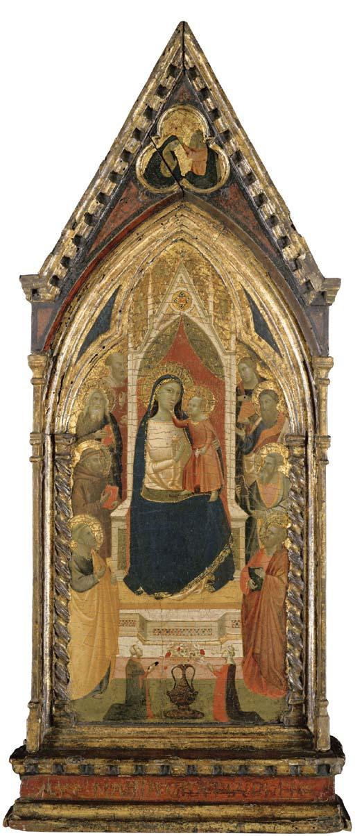 Taddeo Gaddi - The Gould Madonna, Madonna And Child With Saint Peter, Saint Francis And Six Saints Adorned By Two Patrons; Christ Blessing The Virgin In The Pinnacle