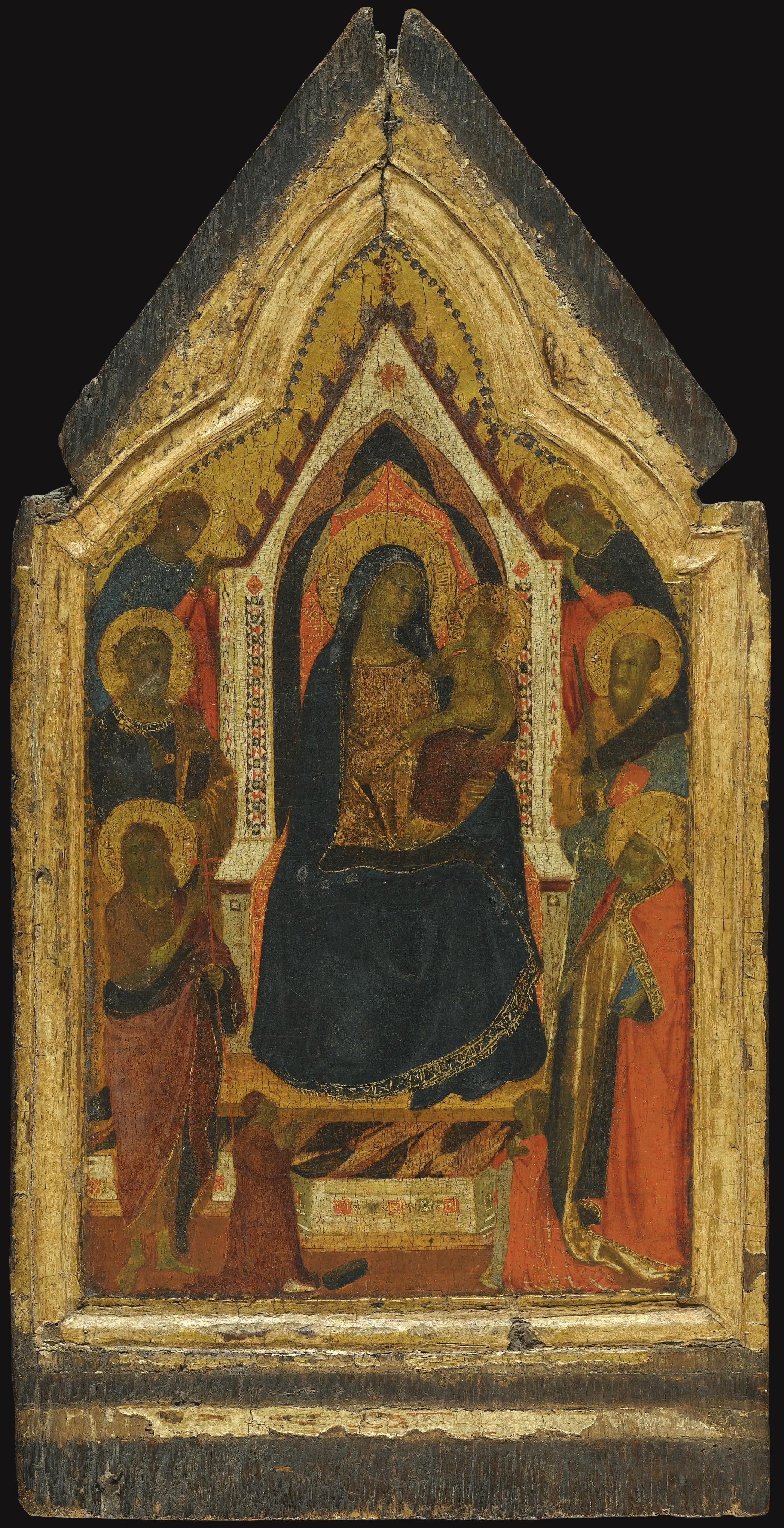 Taddeo Gaddi - The Madonna And Child Enthroned, Flanked By Saints John The Baptist, Peter, Paul And Zenobius (?), And Two Angels, Below Them Two Donors