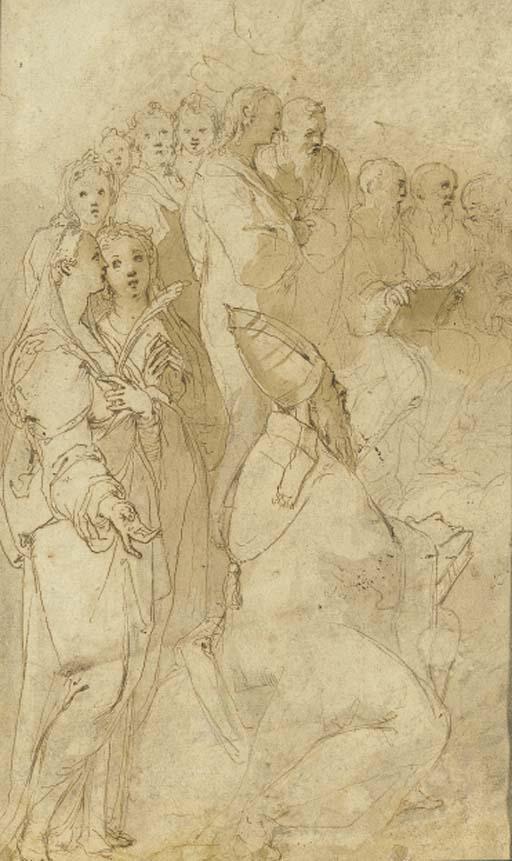 Taddeo Zuccaro - A figure walking to the right, wearing a traveller\'s hat (recto); A group of saints and prelates looking to the right (verso)