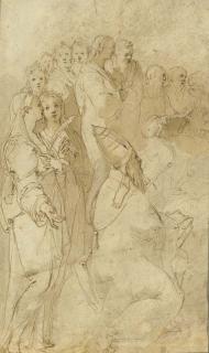 Taddeo Zuccaro - A figure walking to the right, wearing a traveller\'s hat (recto); A group of saints and prelates looking to the right (verso)