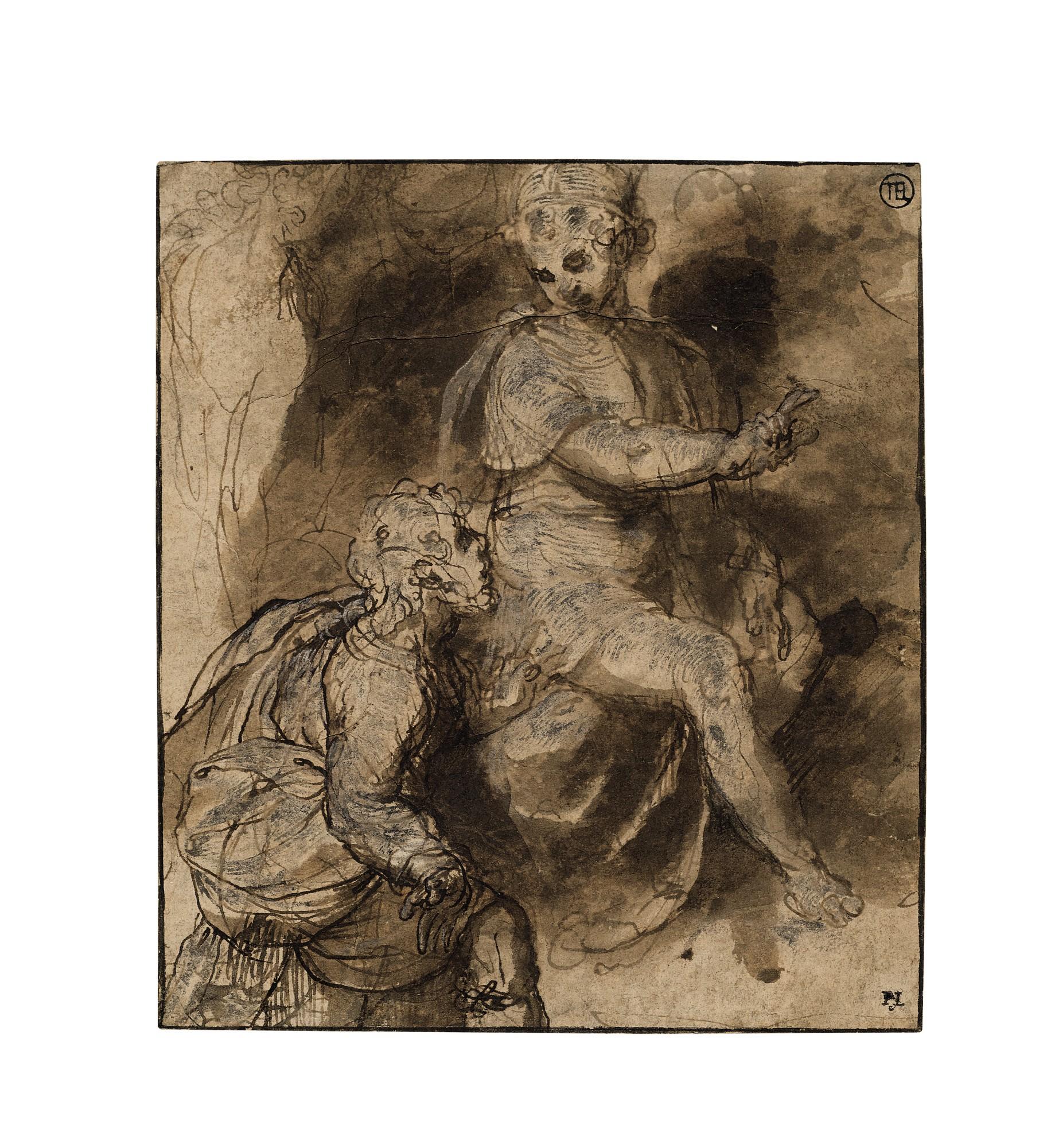 Taddeo Zuccaro - A kneeling draped male figure before a seated figure