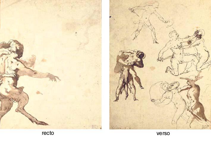 Taddeo Zuccaro - A Satyr Pointing To The Right (Recto); A Soldier With A Dagger, Two Soldiers Grappling, A Soldier Attacking A Trumpeter, And Two Men Fighting (Hercules And Antaeus?) (Verso)