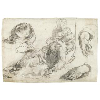 Taddeo Zuccaro - Recto: The Virgin Fainting, Supported By One Of The Holy Women, With Subsidiary Studies Of The Virgin\'S Head And Hands; Verso: Drapery Study Of A Standing Figure, Leaning Over To The Left