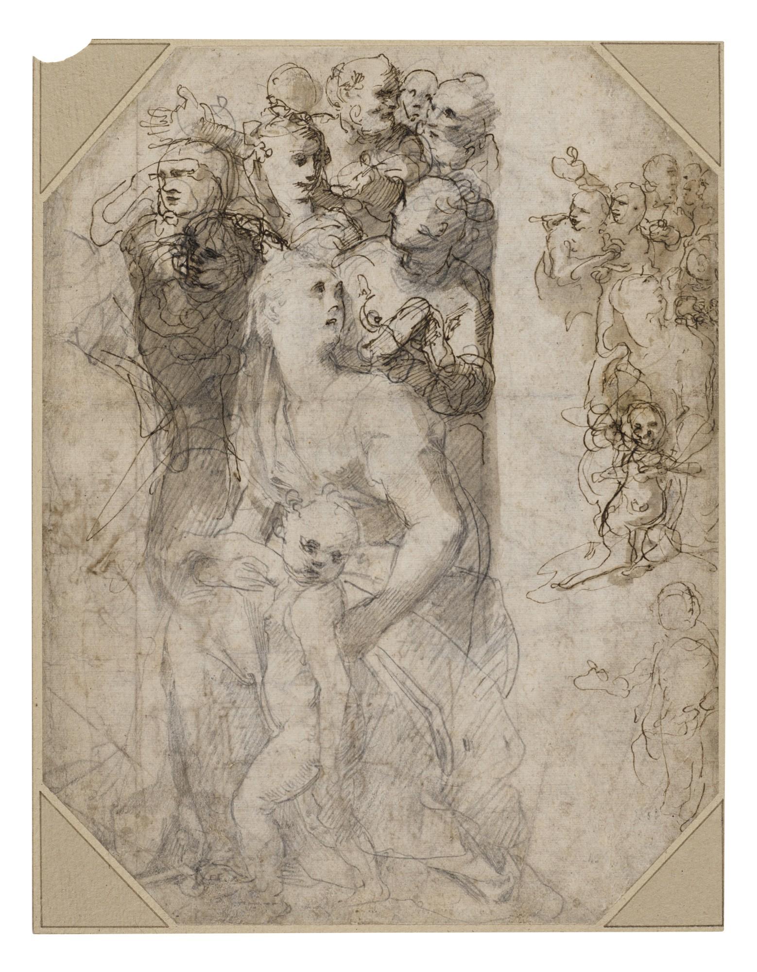 Taddeo Zuccaro - Recto: Two groups of figures, studies for the Frangipani Chapel, San Marcello al Corso Verso: Studies for the lunette above the altar in the Frangipani Chapel and an architectural design for a wall decoration