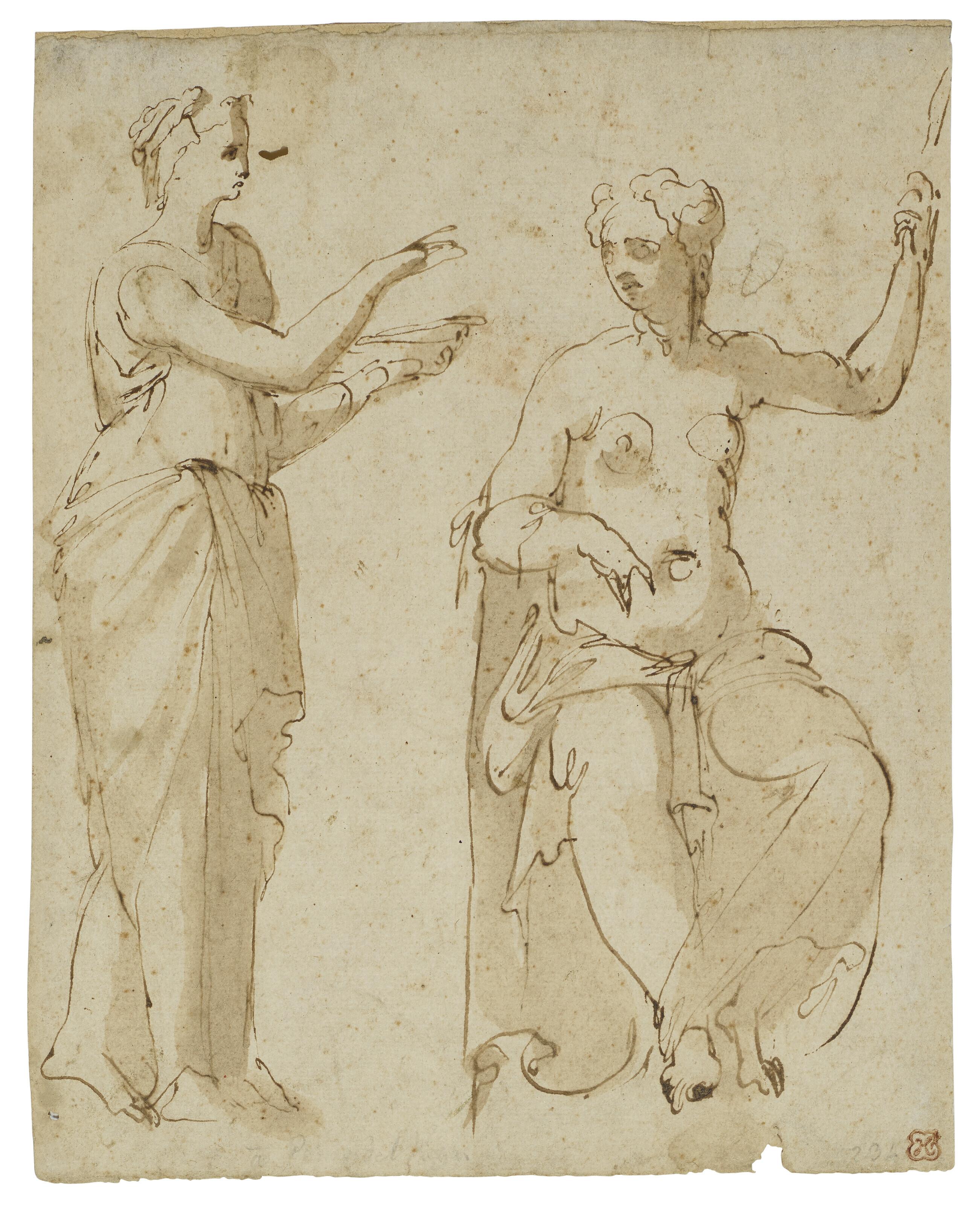 Taddeo Zuccaro - Two female figures, one standing and holding a dish and one seated