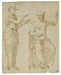 Taddeo Zuccaro - Two female figures, one standing and holding a dish and one seated