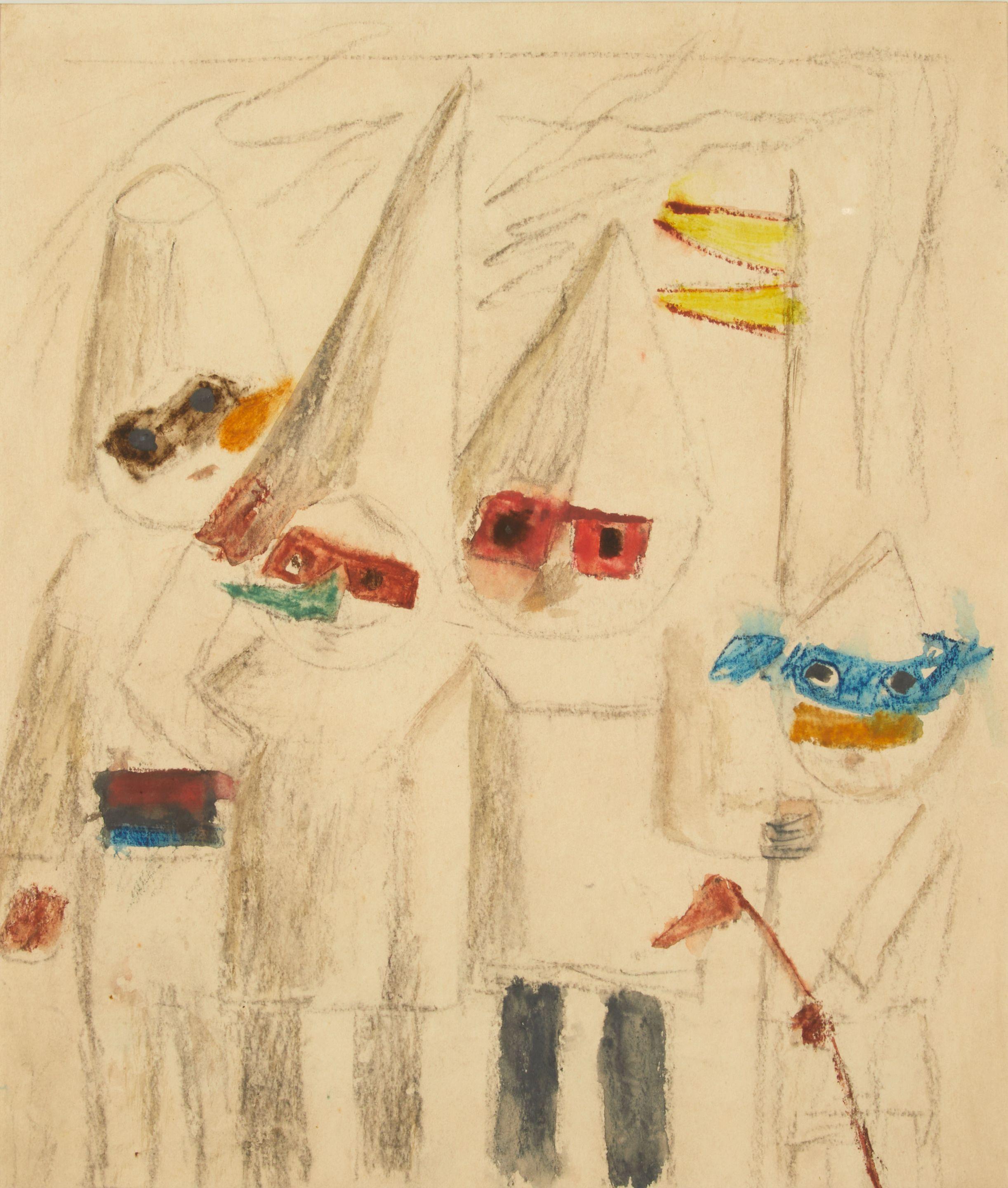 Tadeusz Makowski - Gathered Together, sight size 31.0 x 26.8 cm (12 1/4 x 10 1/2 in). framed 44.0 x 40.0 x 2.5 cm (17 1/2 X 15 3/4 x 1 in).