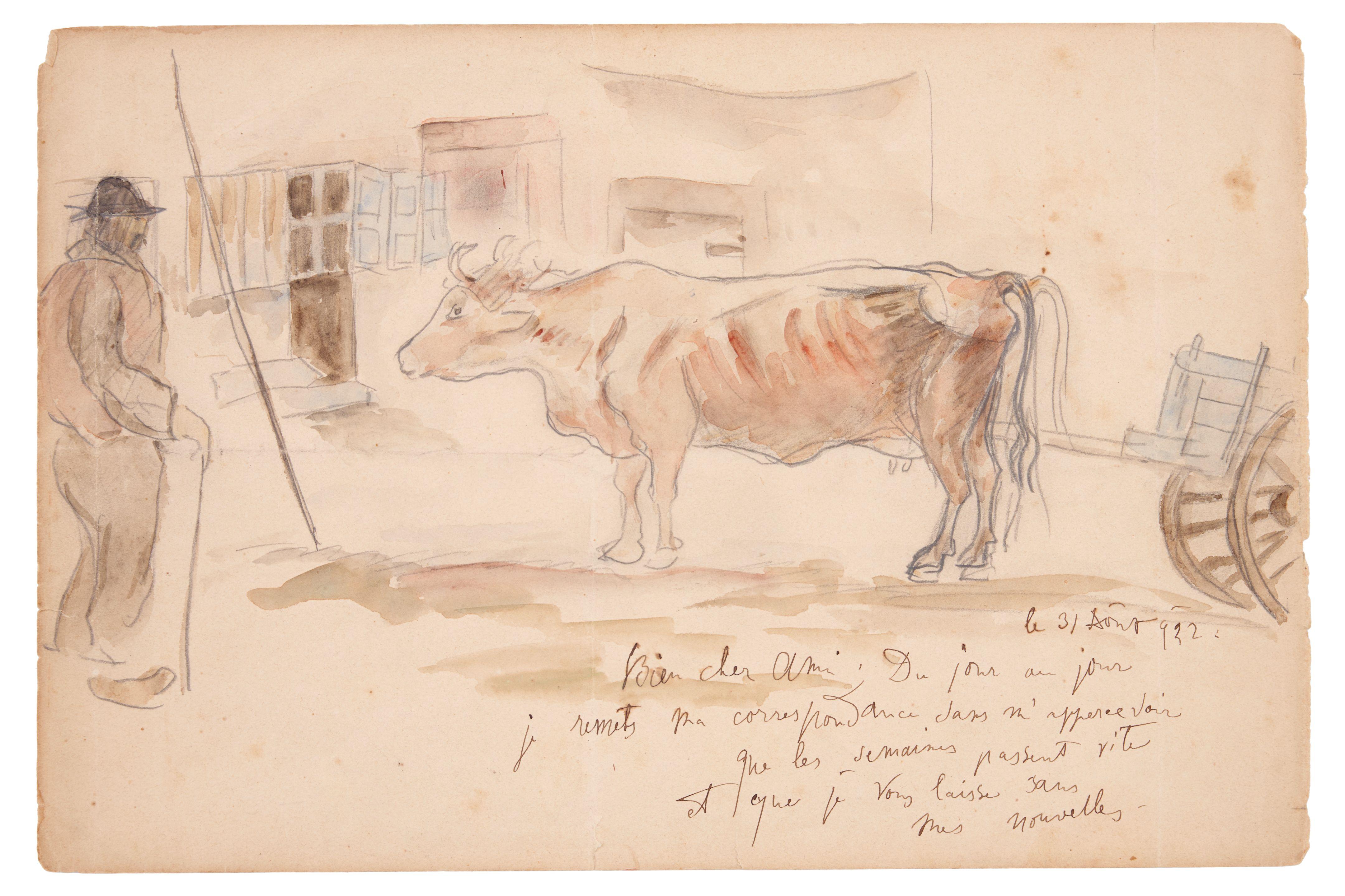 Tadeusz Makowski - Letter with an Illustration of a Cow and a Man on the reverse unframed.