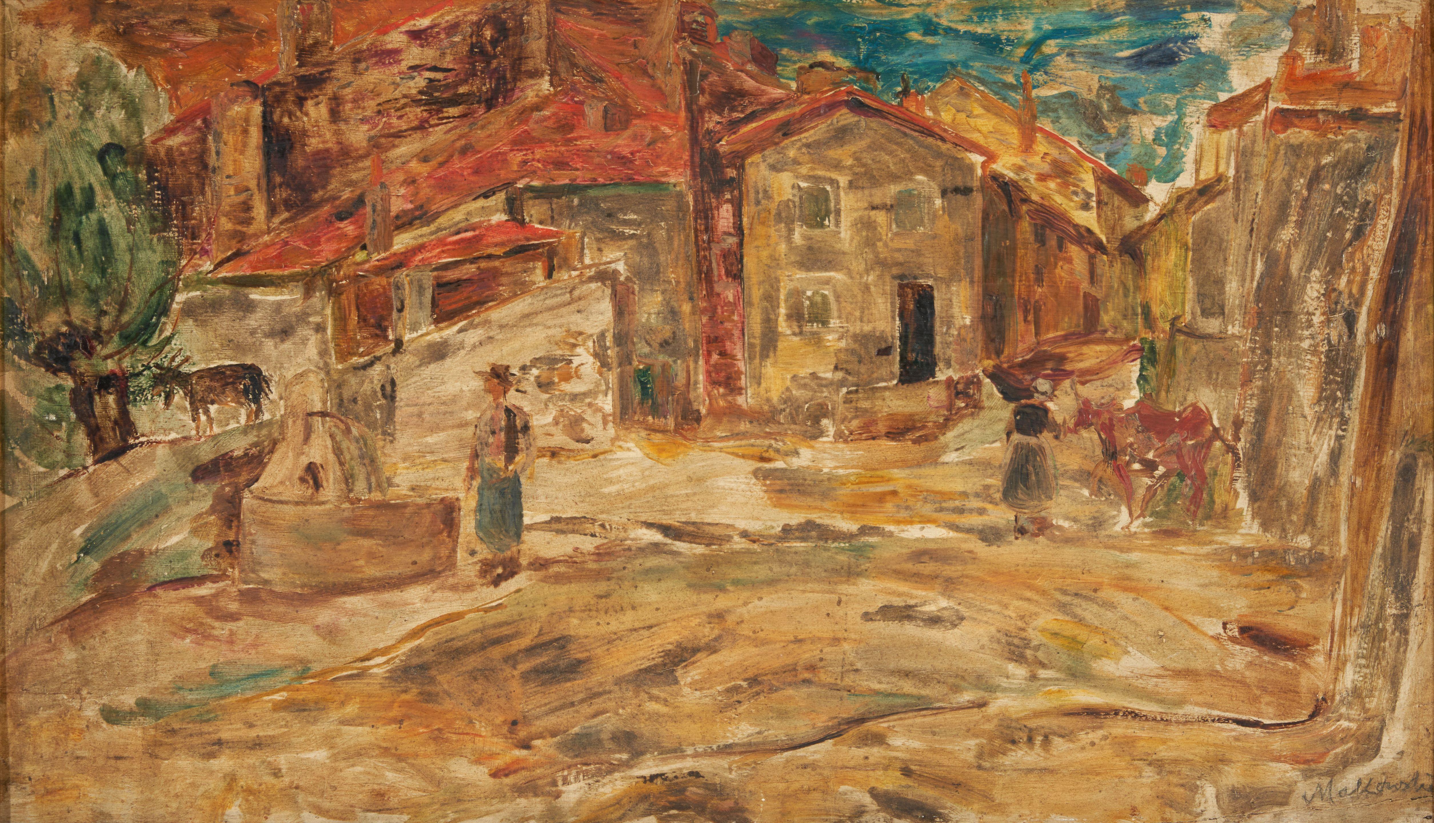 Tadeusz Makowski - The Fountain in the Village Square framed 42.5 x 61.5 x 3.0 cm (16 3/4 x 24 1/2 x 1 1/5 in).