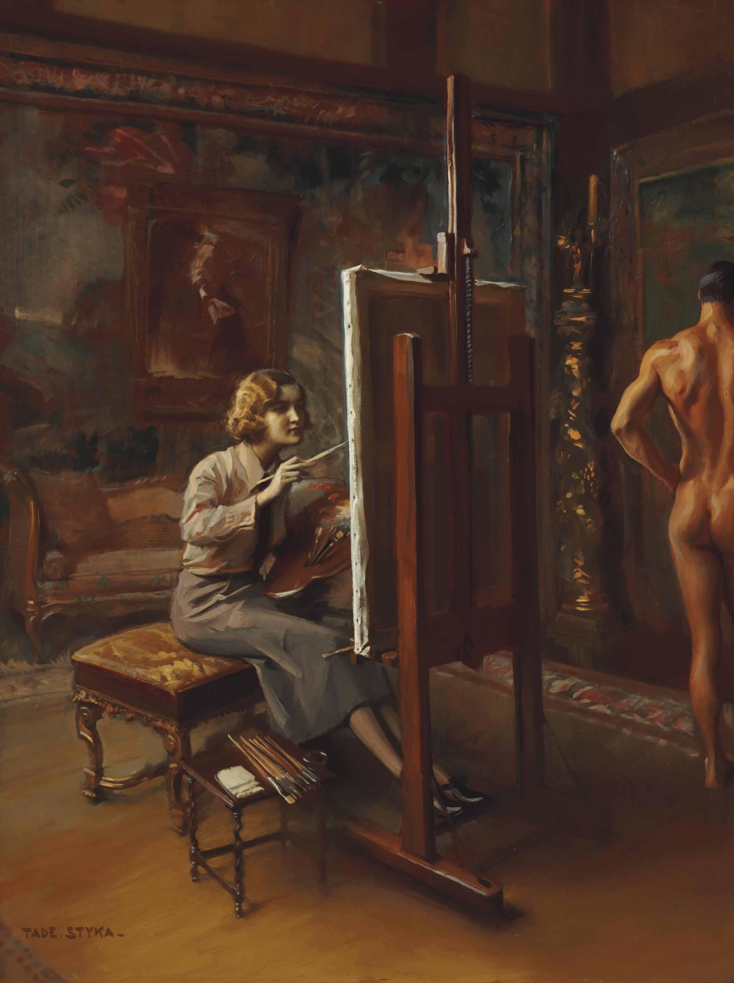 Tadeusz Styka - Portrait of Huguette Clark, Full-length, at her easel