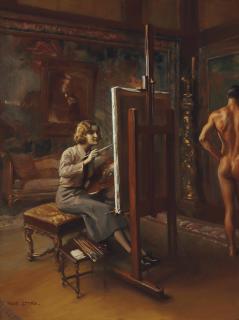 Tadeusz Styka - Portrait of Huguette Clark, Full-length, at her easel