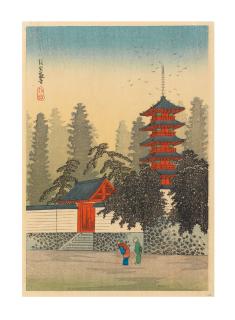 Takahashi Shotei - an elderly couple walking past the Kannon temple