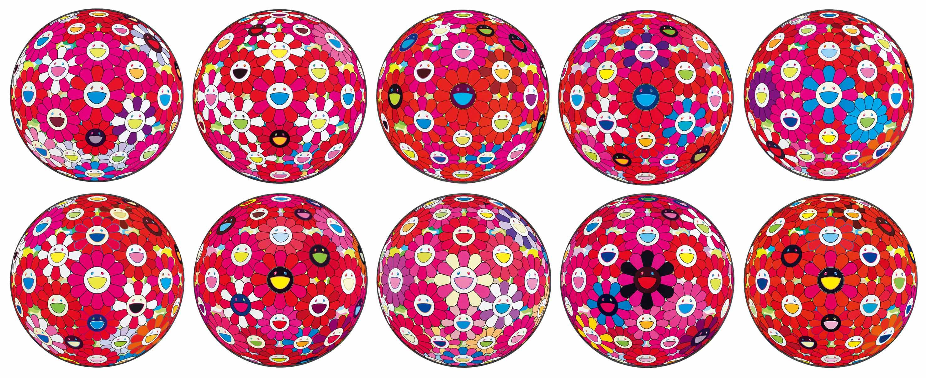 Takashi Murakami - Flower Ball (3D) – Turn Red!; Flower Ball (3D) – Papyrus; Flower Ball (3D) – Red Ball; Flower Ball (3D) – Red, Pink, Blue; Flower Ball (3D) – Blue, Red; Flower Ball (3D) –