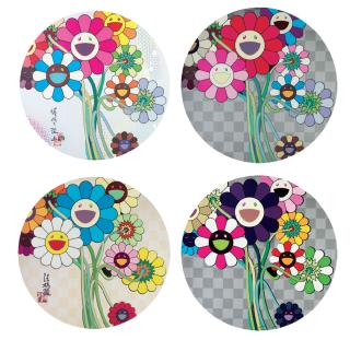 Takashi Murakami - Flowers for Algernon; Even The Digital Realm Has Flowers to Offer; Purple Flowers in a Bouquet; & Warhol Silver