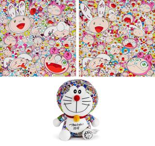 Takashi Murakami - You Have All Sorts Of Ups And Downs In Life. Right, Kaikai And Kiki?!; Fortune Favors The Merry Home Kaikai And Kiki!; Signed Doraemon Doll (Set Of Three Pieces)(Executed In 2017 (Upper Left); 2018 (Upper Right&Bottom))