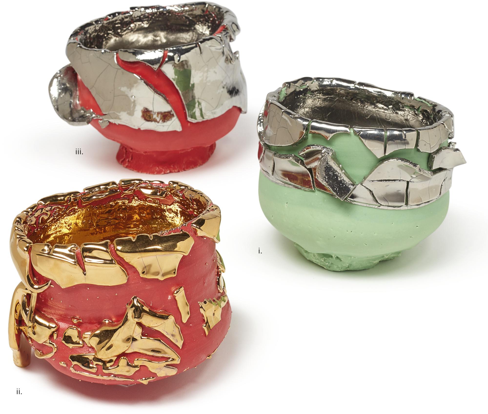 Takuro Kuwata - I. Yellow-Green Slipped Platinum Kairagi Shino Bowl Ii. Red Slipped Gold Kairagi Shino Bowl Iii. Red Slipped Platinum Kairagi Shino Bowl [Three Works]