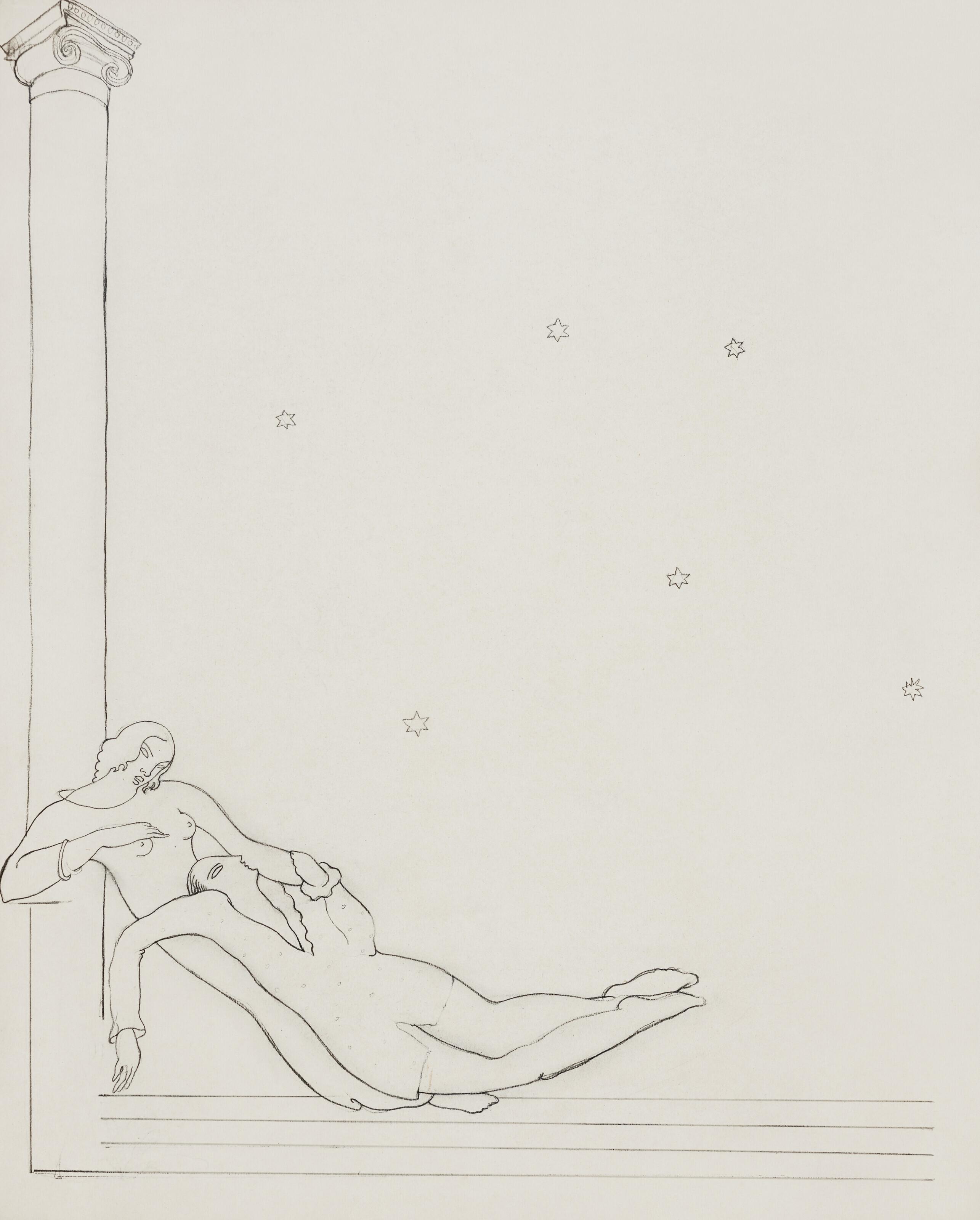 Tamara De Lempicka - Deux amoureux sous les étoiles (recto); Personnages et escalier (verso)