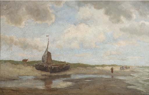 Tamine Groeneveld - Bomschuiten on the beach with shellfishers in the distance