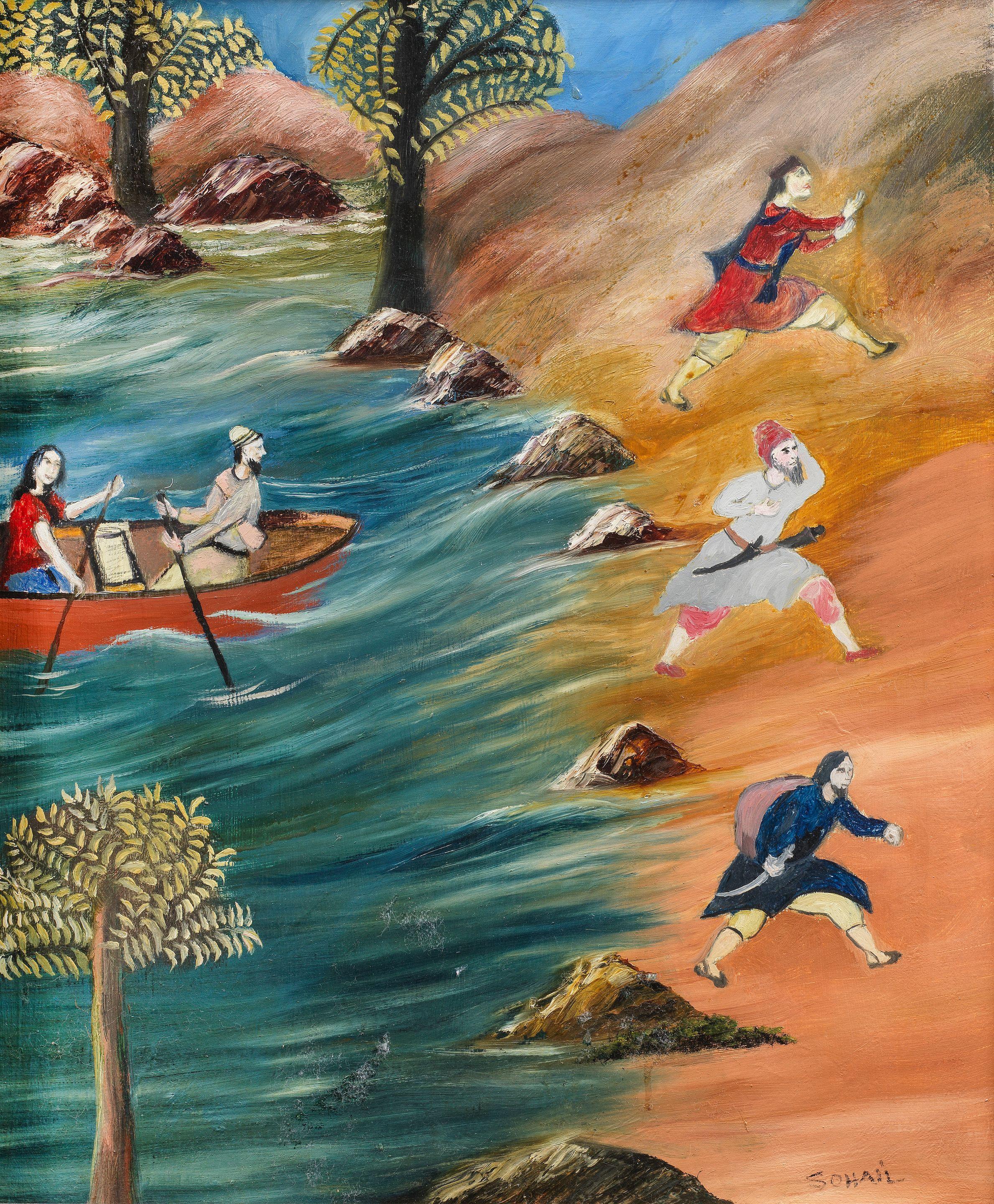 Tassaduq Sohail - Untitled (Figures fleeing the approach of a boat)
