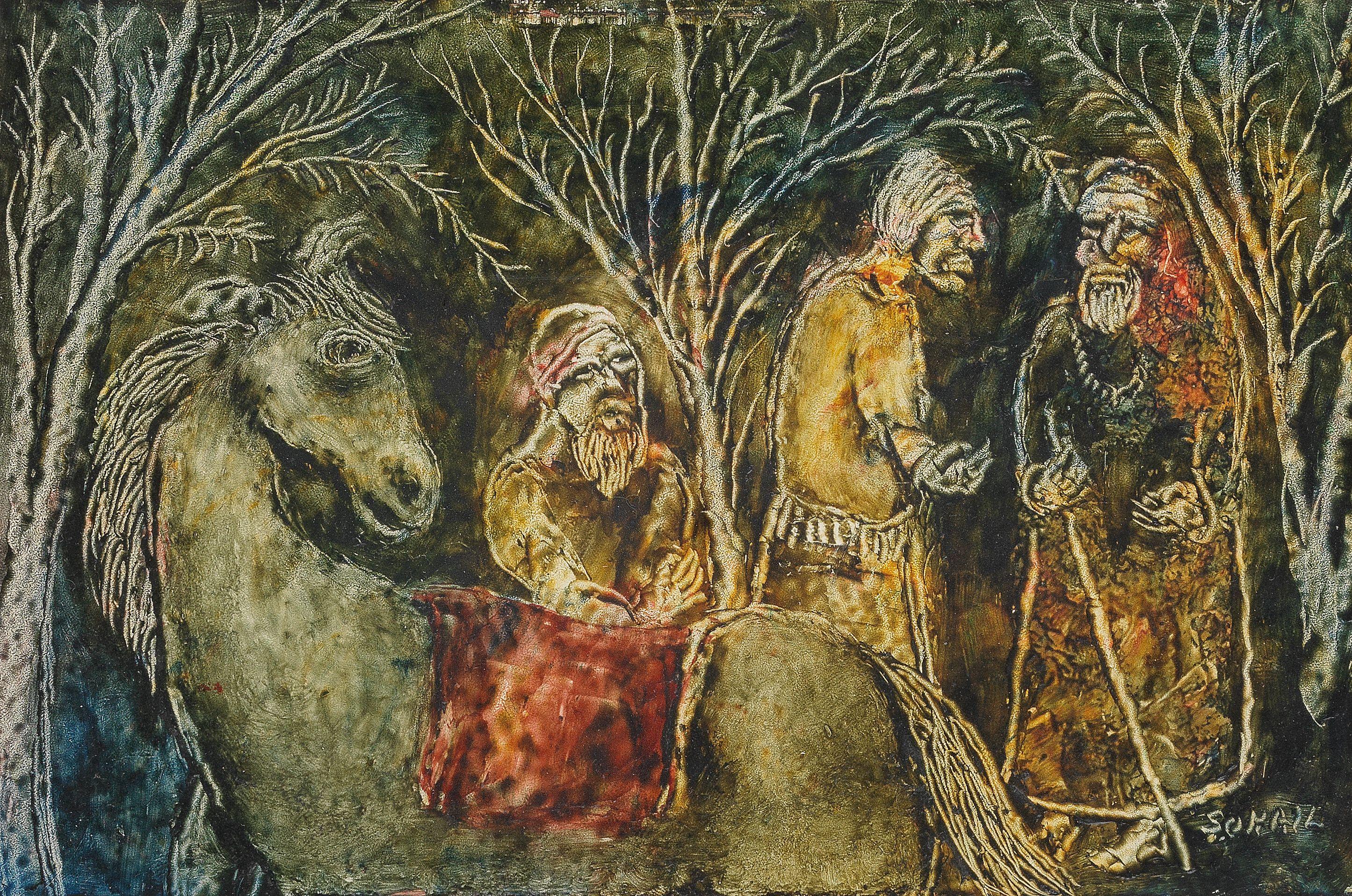 Tassaduq Sohail - Untitled (Three figures and a horse in a landscape)