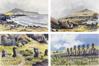 Teddy Millington Drake - Four views of Easter Island, South-East Pacific, including: Poke Volcano; Moais at Rano Raraku; Moais at Aku Aki; and Fallen Moai with Poke Volcano in the distance
