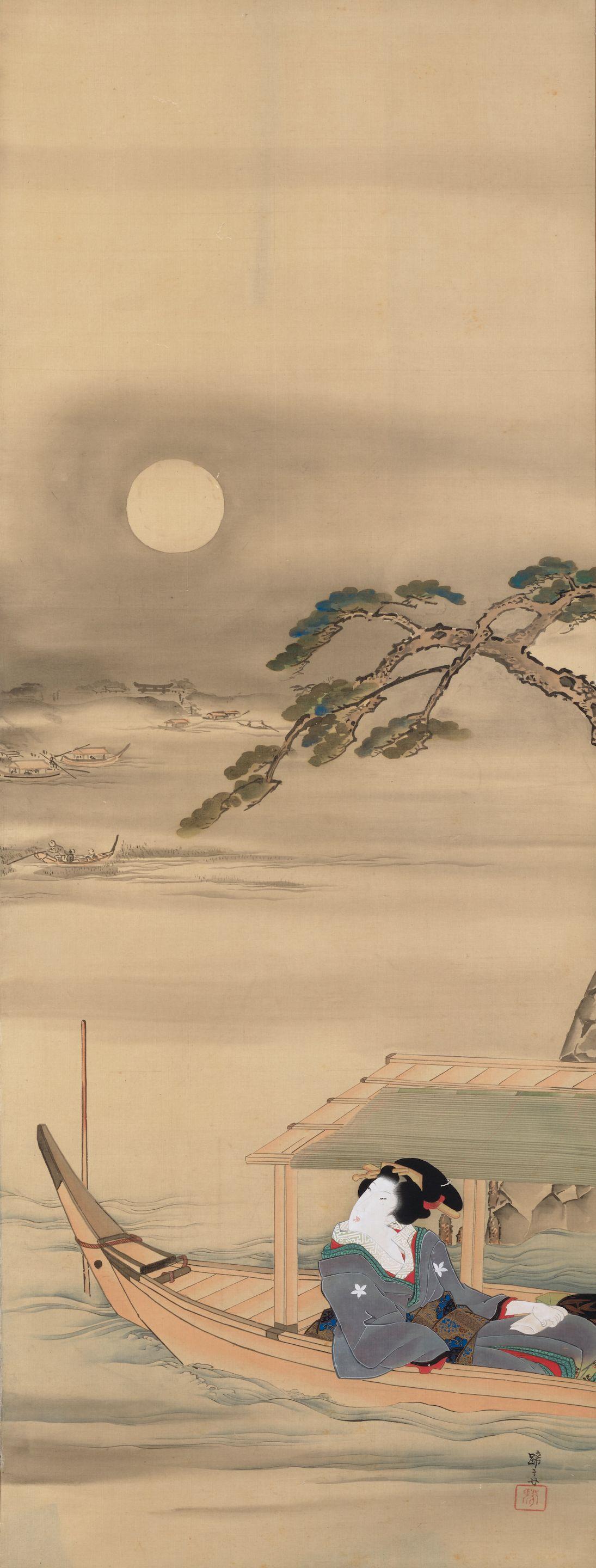 Teisai Hokuba - A Beauty On A Boat Viewing The Moon