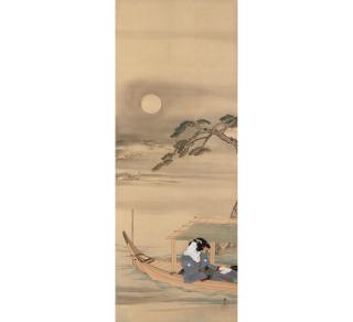 Teisai Hokuba - A Beauty On A Boat Viewing The Moon