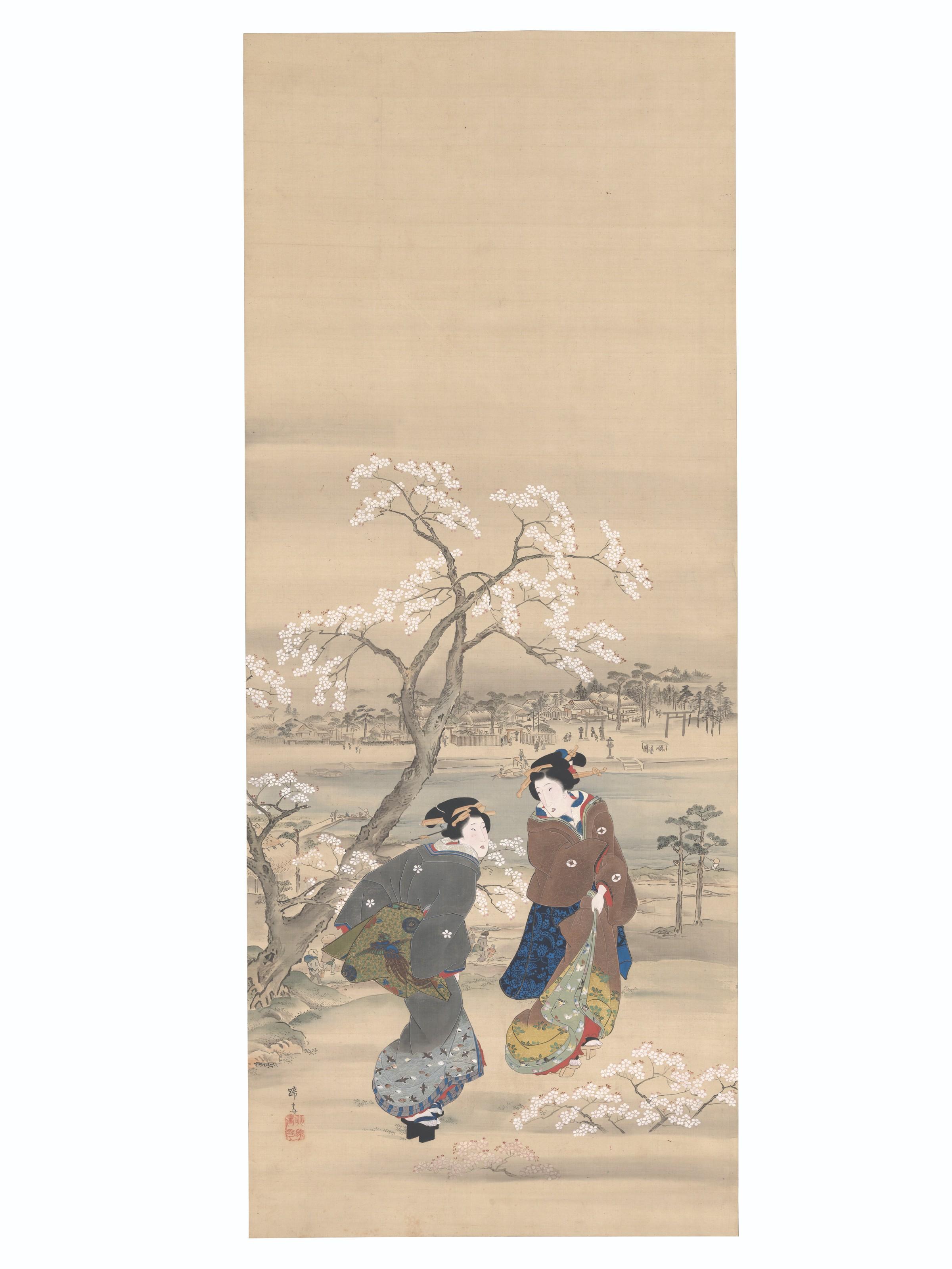 Teisai Hokuba - Two Beauties Under Blossoming Cherry Tree