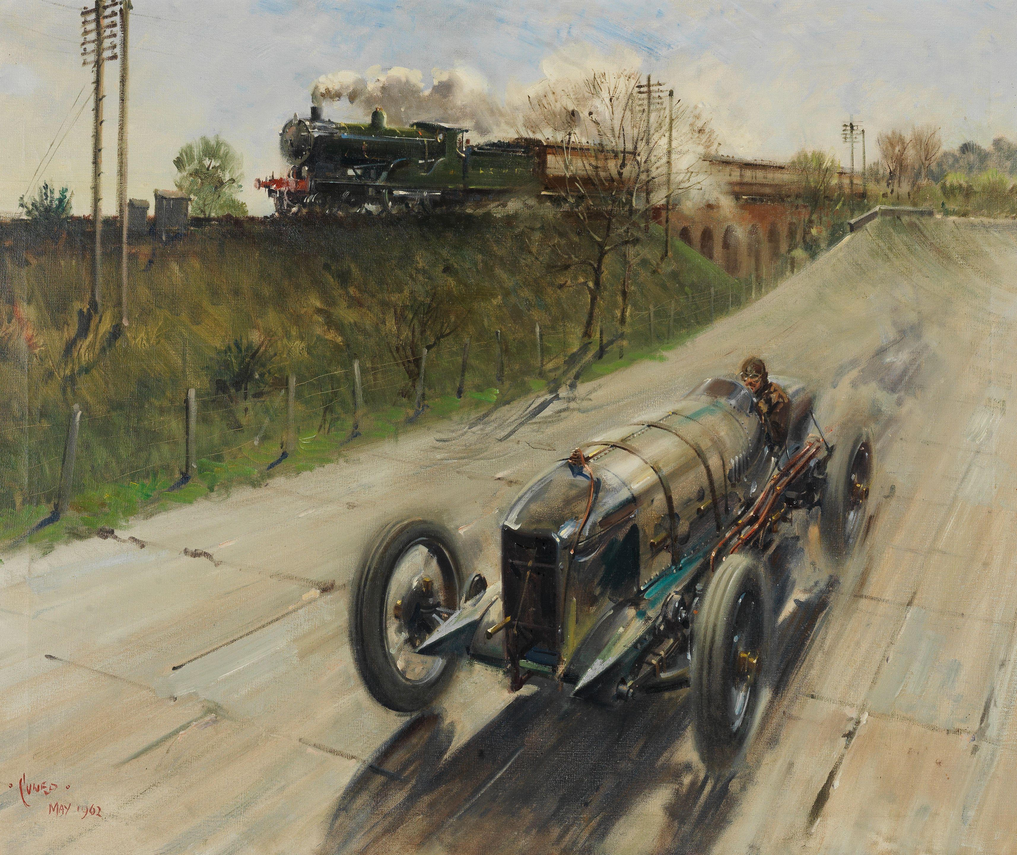 Terence Cuneo - Chassagne in the V12 Sunbeam Breaking Records at Brooklands