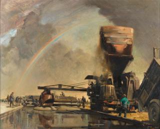 Terence Cuneo - Twin Batch Paver in Action on Runway Construction