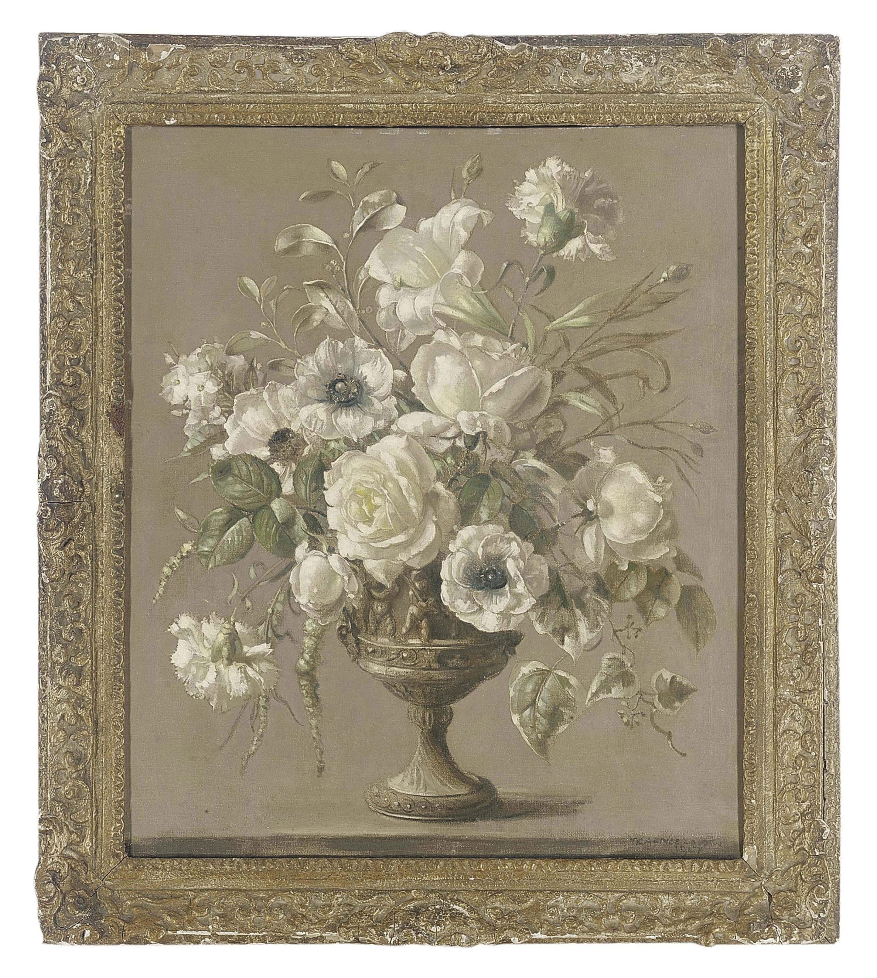 Terence Loudon - Roses, carnations and a lily in a pewter vase