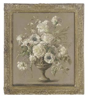 Terence Loudon - Roses, carnations and a lily in a pewter vase