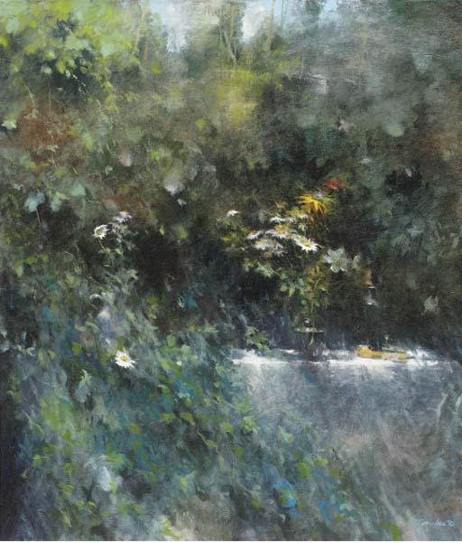 Terry Lee - Summer flowers in a glass vase on a garden table