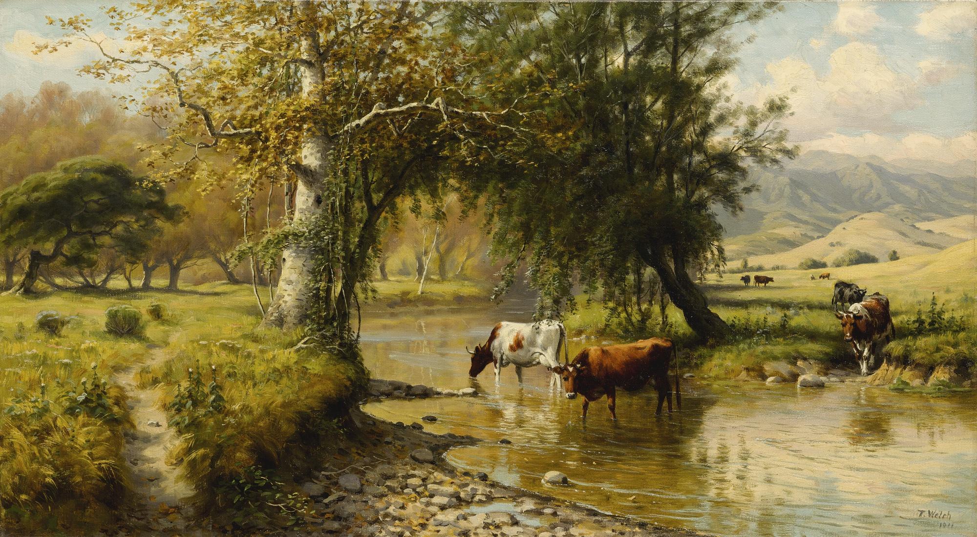 Thaddeus Welch - Cattle Watering Under An Oak Tree