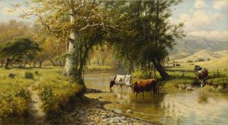 Thaddeus Welch - Cattle Watering Under An Oak Tree