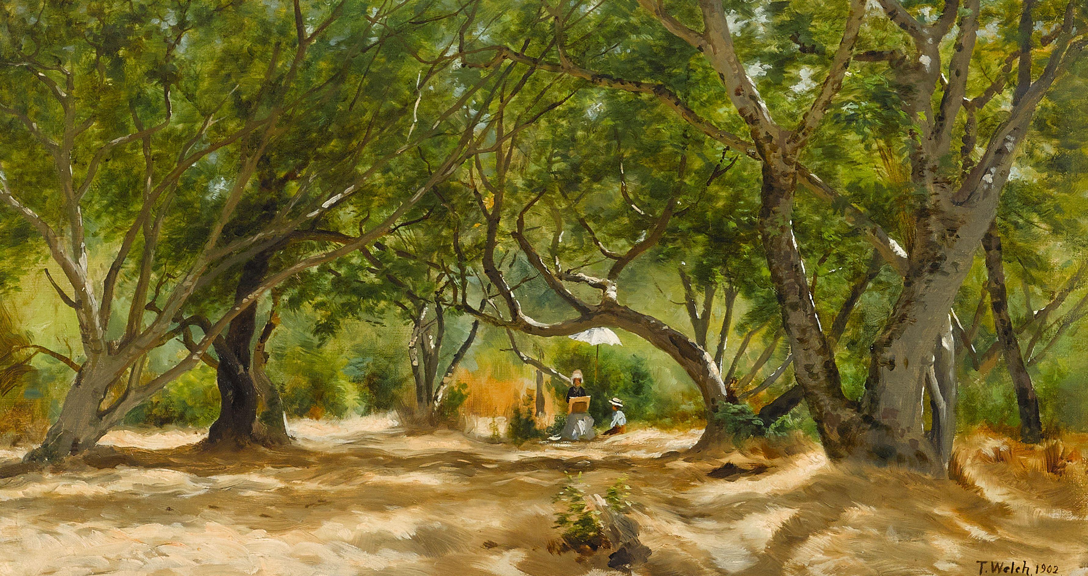 Thaddeus Welch - Ludmilla sketching in the woods beside their child