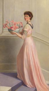 The Hon. John Collier - Portrait of a lady in pink carrying a bowl of pink carnations