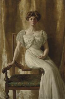 The Hon. John Collier - Portrait of The Hon. Mrs Harold Ritchie, full-length, seated in a white dress with lace trim