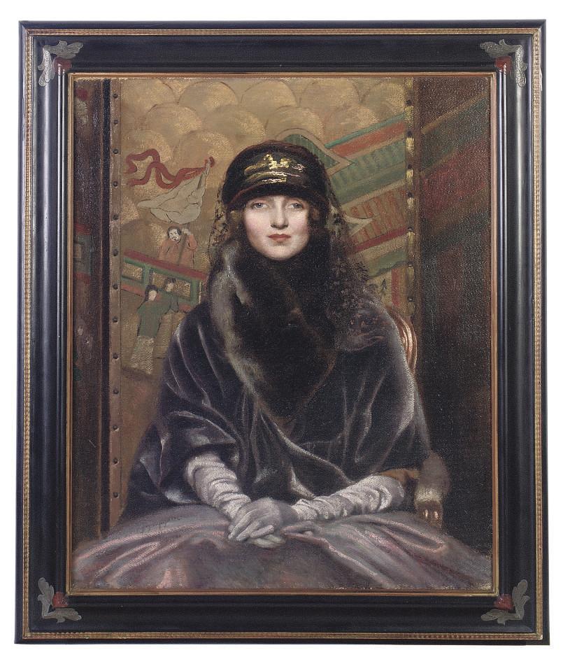 The Hon. Neville Stephen Lytton - Portrait of a lady, seated half-length, in a deep purple velvet coat before a Chinoiserie screen
