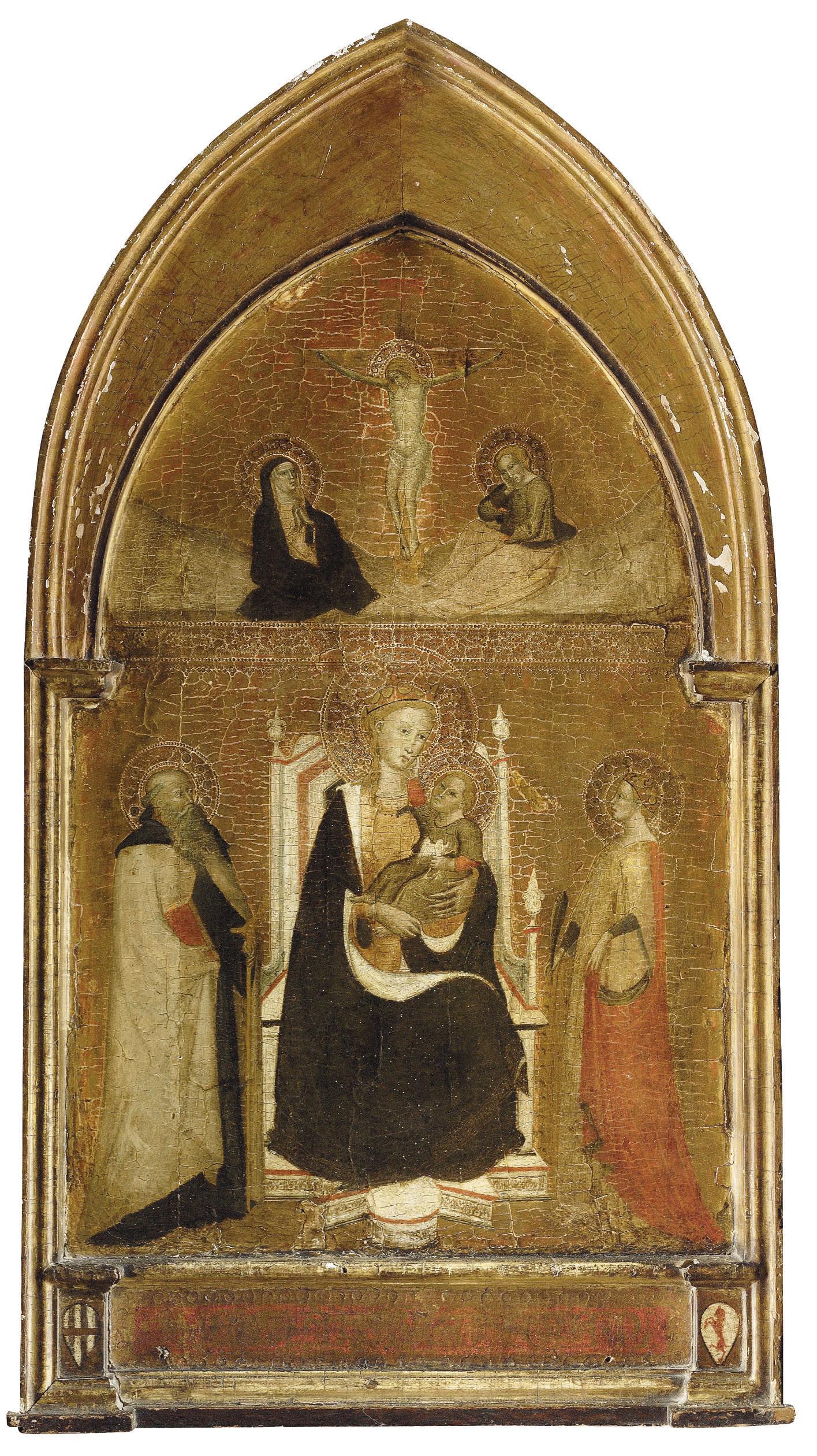 The Master \'Francesco\' - The Madonna and Child with Saints Anthony Abbot and Catherine of Alexandria, The Crucifixion above