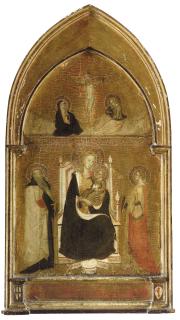 The Master \'Francesco\' - The Madonna and Child with Saints Anthony Abbot and Catherine of Alexandria, The Crucifixion above