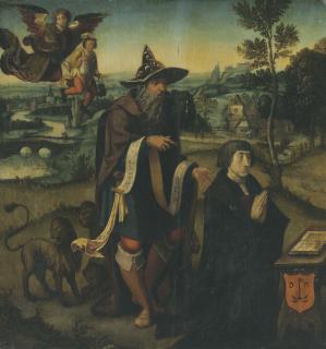 The Master Of 1518 - A donor praying with the Prophet Daniel, an angel carrying Habakkuk beyond