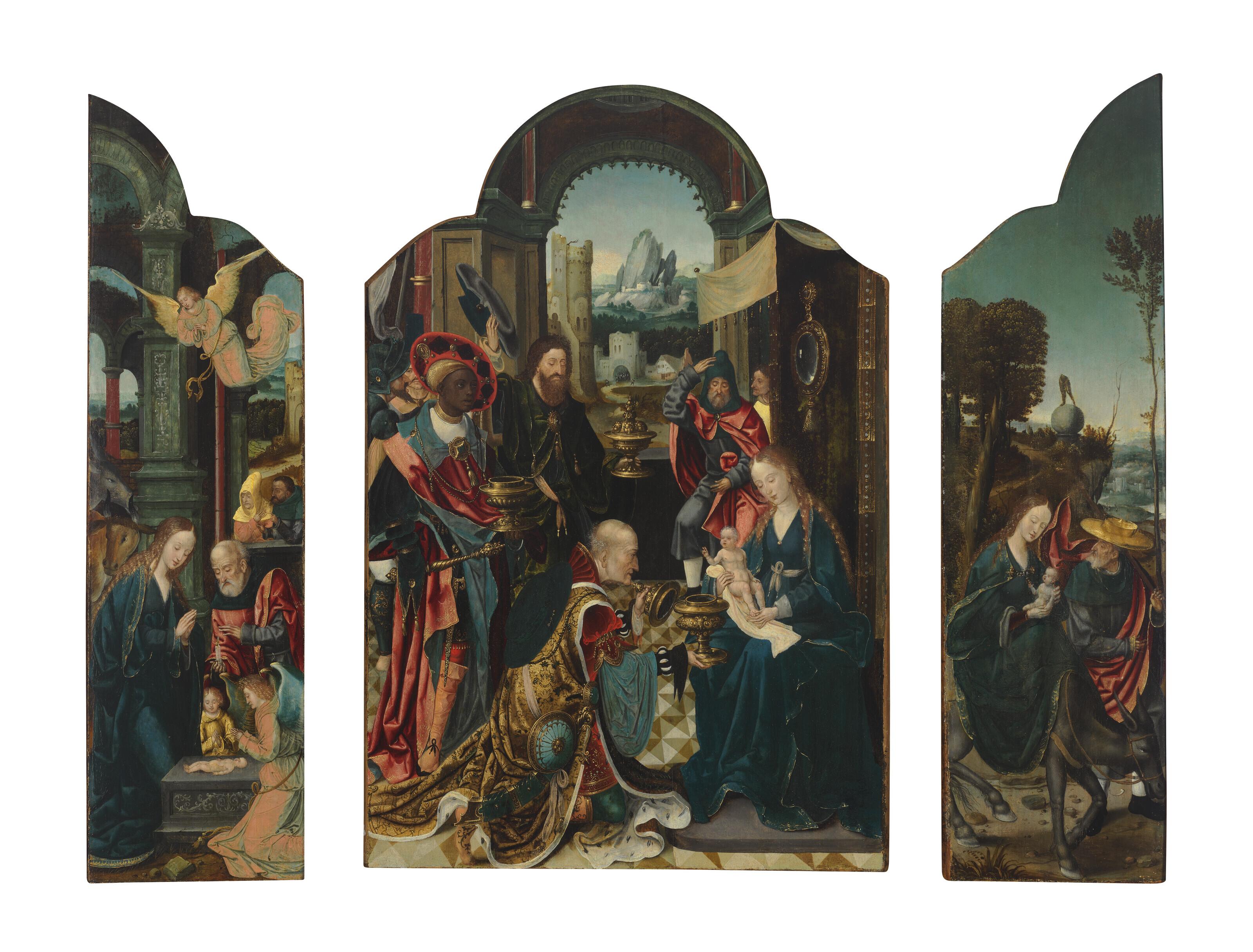 The Master Of 1518 - A Triptych: the central panel: The Adoration of the Magi; the left wing: The Nativity; the right wing: The Flight into Egypt