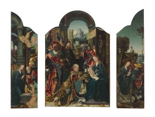 The Master Of 1518 - A Triptych: the central panel: The Adoration of the Magi; the left wing: The Nativity; the right wing: The Flight into Egypt