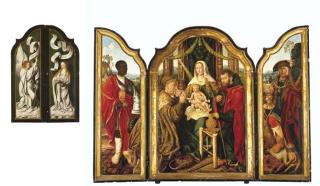 The Master of Frankfurt - The Holy Family with Melchior offering gold to the Christ Child; left wing: Balthasar offering myrrh; right wing: Caspar offering incense; outer panels: The Annunciation