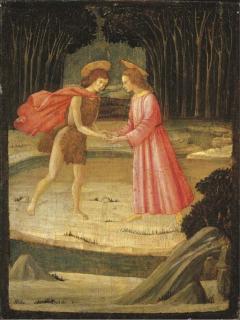 The Master Of Marradi - The Meeting of Christ and Saint John the Baptist by the River Jordan; the reverse painted as a circular trompe l\'oeil door panel