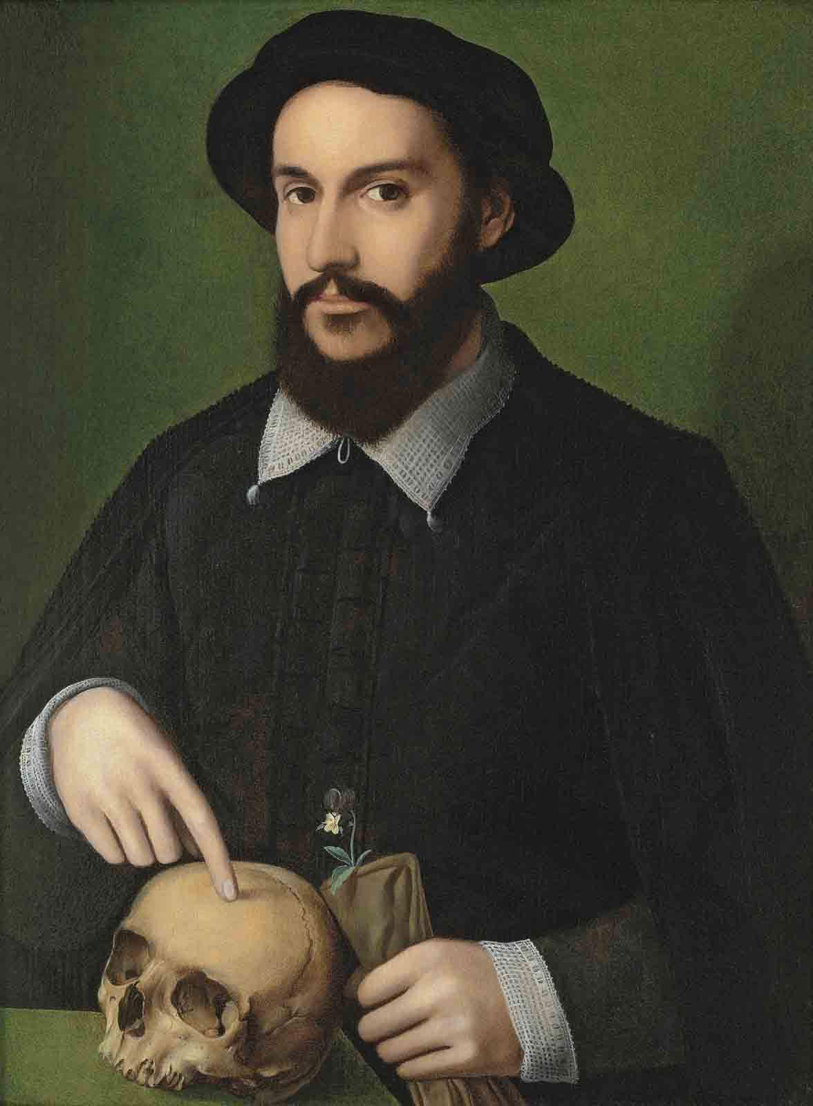 The Master of the 1540s - Portrait of a gentleman, half-length, in black with a white collar, pointing to a skull with his right hand and holding gloves and a yellow violet in his left hand