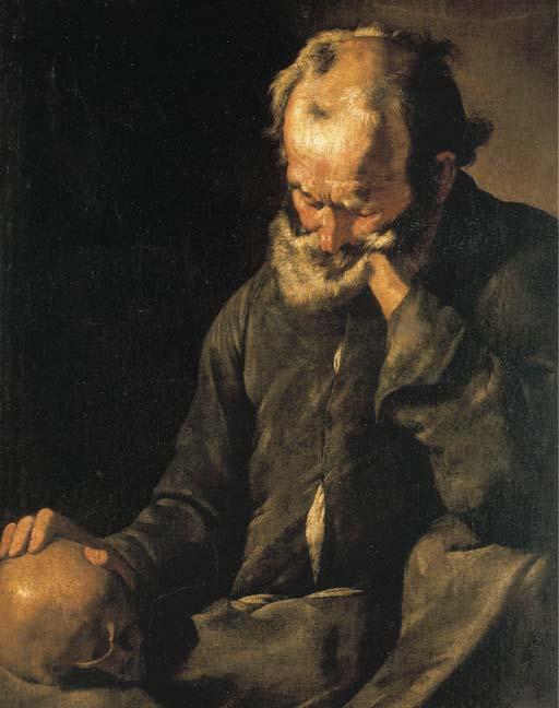 The Master of The Annunciation To The Shepherds - A bearded old man holding a skull
